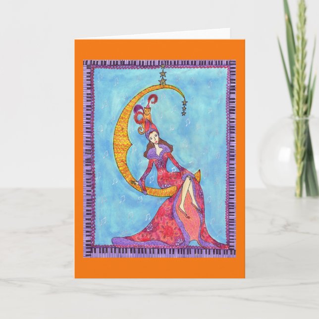Cartão Woman and Cat in Crescent Moon Greeting Card (Frente)