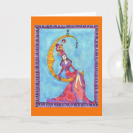 Cartão Woman and Cat in Crescent Moon Greeting Card