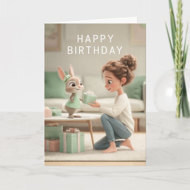 Cartão Woman & Baby Bunny in Mint Green Dress Birthday (Frente)
