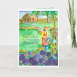 Cartão Woman Gardening Alliums Happy Birthday Friend<br><div class="desc">A fun Happy Birthday card for a gardening friend featuring a woman in a bright red apron watering her summer garden flowers with big purple allium flowers in full bloom.</div>