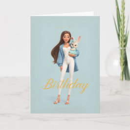 Cartão Woman in Blue & White w/ Cute Bunny Bday