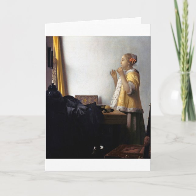 Cartão Woman with a Pearl Necklace, Johannes Vermeer (Frente)