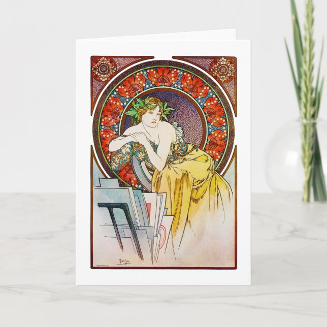 Cartão Woman with Poppy, Mucha (Frente)