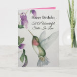 Cartão Wonderful Sister-In-Law Birthday Hummingbird<br><div class="desc">Celebrate your wonderful sister-in-law's birthday with an elegant hummingbird design on a charming greeting card. Created from my original watercolour painting, the lovely little bird and flower image will brighten the day for birdwatchers, gardeners and nature lovers. The special woman in your life will love the pastel colours of cream,...</div>