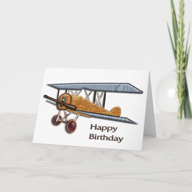 Cartão Wooden Biplane Birthday (Frente)