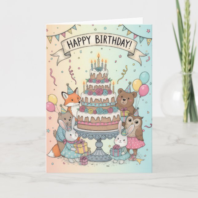 Cartão Woodland Animal Birthday Party Card (Frente)