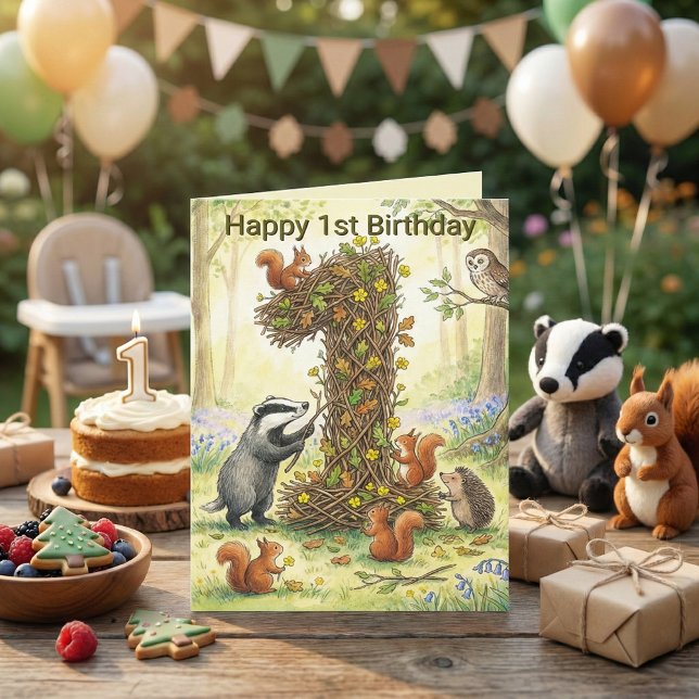 Cartão Woodland Animals Number 1 | First Birthday Photo (Woodland Animals Number 1 | First Birthday Photo Card. Badger Squirrel Owl Forest Storybook Art)