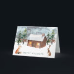 Cartão Woodland Christmas, animals Folded Greeting Card<br><div class="desc">This design depicts a watercolor illustration  of winter woodland scene -  the fir trees,  log-cabin and woodland animals - fox and hare. You can adjust text according to your requirement</div>