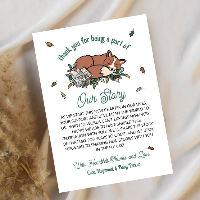 Cartão Woodland Fox Storybook Chá de fraldas Obrigado (Baby Shower Thank You Note - Our Story Woodland Fox)