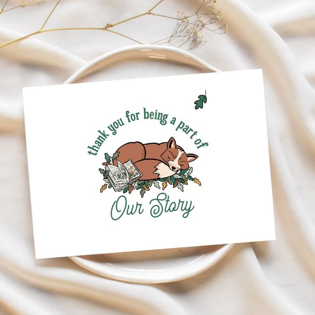 Cartão Woodland Storybook Fox Chá de fraldas Obrigado (Baby Shower Thank You Card - "Our Story" Woodland Storybook Theme)