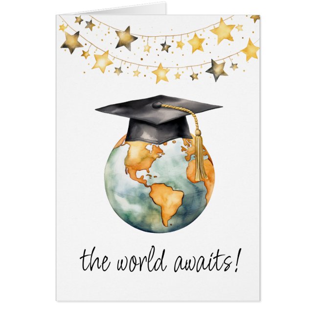 Cartão World Awaits Congratulations Graduate Greeting  (Frente)