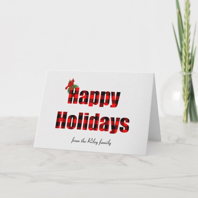 Cartão Xadrez de búfalo e cardeal Feliz Feriados (Frente)