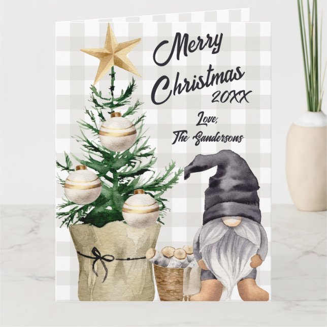 Cartão Xadrez de Gnomo de Aquarela de Natal Personalizado (Frente)