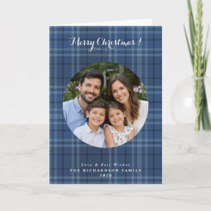 Cartão Xadrez escocês azul marinho Natal foto personaliza