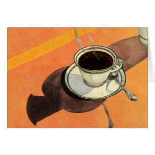 Cartão Xícara de café vintage, pires, colher, lanchonete 