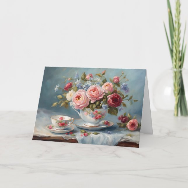 Cartão Xícara de Chá com Flores Lindas  (Frente)