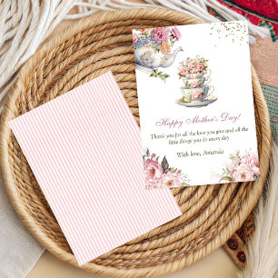 Cartão Xícara de Chá Floral Rosa Elegante Dia das Mães