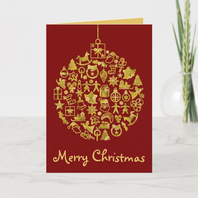 Cartão Xmas - Bola em árvore com ícones de Natal 2 (Frente)