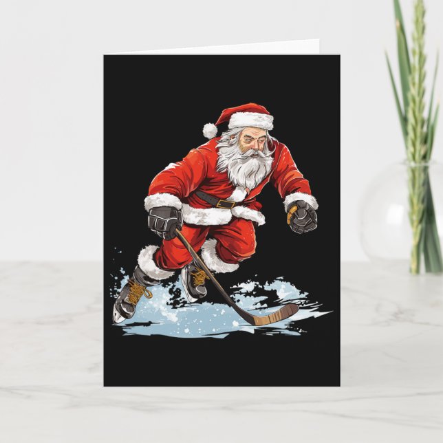 Cartão Xmas Holiday Fun Santa Playing Ice Hockey Christma (Frente)