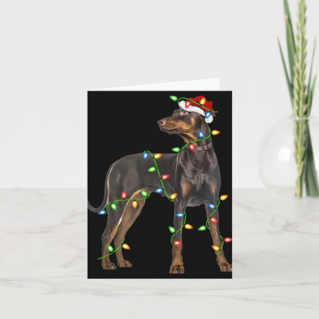 Cartão Xmas Lights Santa Hat Doberman Nscher Dog Christ T (Frente)