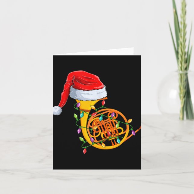 Cartão Xmas Lights Santa Hat Musical French Horn Christma (Frente)