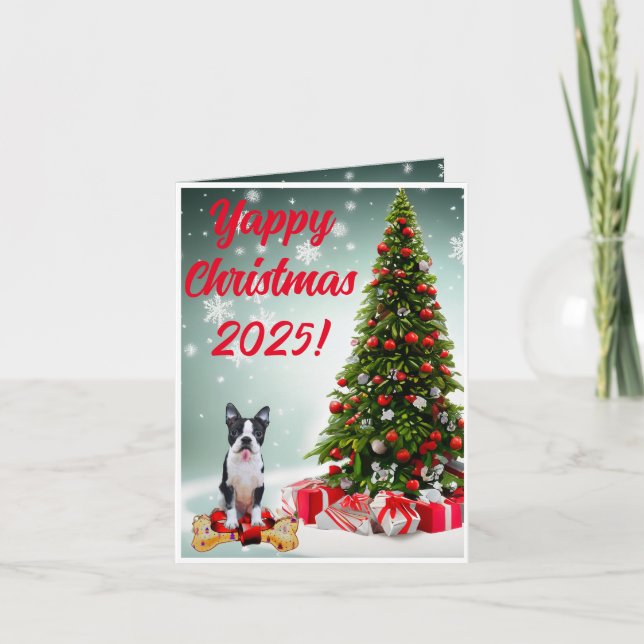 Cartão Xmas Personalizável de Boston Terrier Dog Y (Frente)