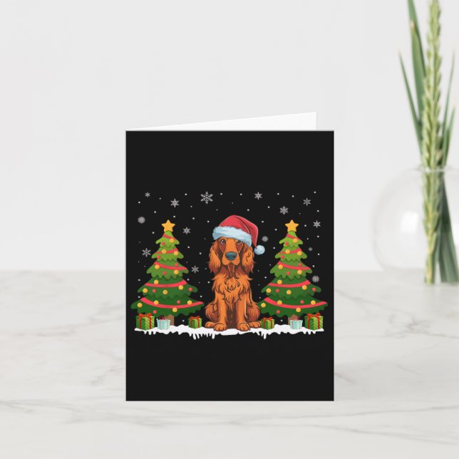 Cartão Xmas Tree Light Irish Setter Dog Santa Hat Natal (Frente)