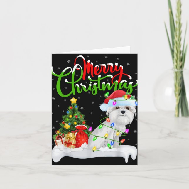 Cartão Xmas Tree Lights Santa Hat Maltese Dog Christmas T (Frente)