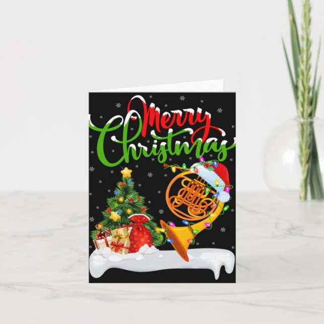 Cartão Xmas Tree Lights Santa Hat Musical French Horn Chr (Frente)
