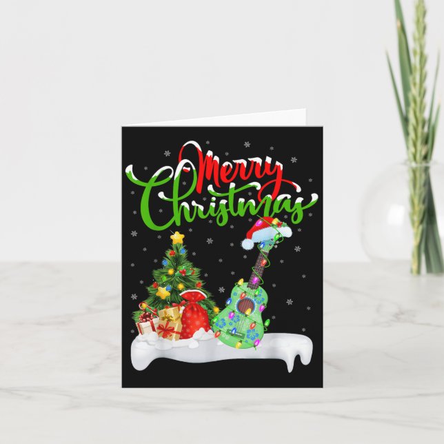 Cartão Xmas Tree Lights Santa Hat Musical Ukulele Guitar  (Frente)