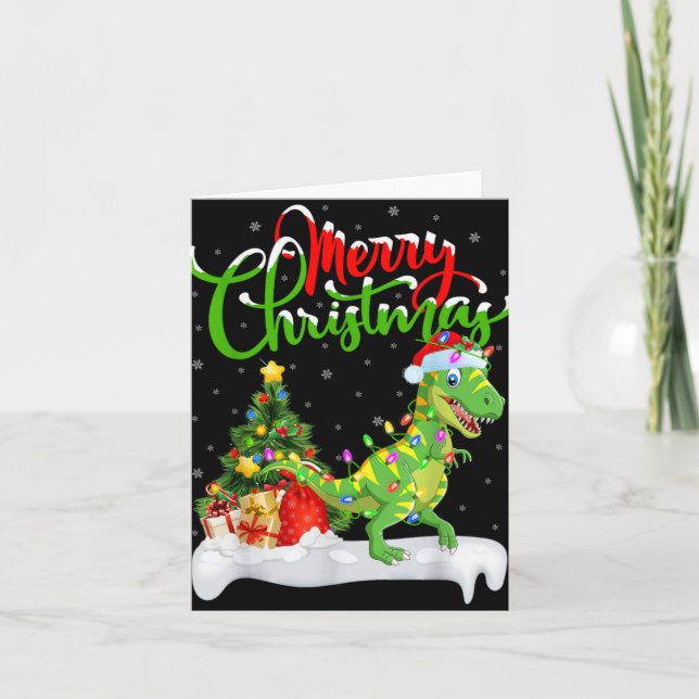 Cartão Xmas Tree Lights Santa Hat T Rex Dinosaur Christma (Frente)