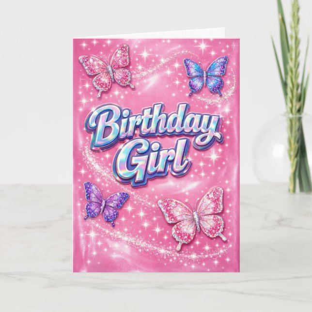 Cartão Y2K Sparkle Pink Butterfly Birthday Girl Card (Frente)