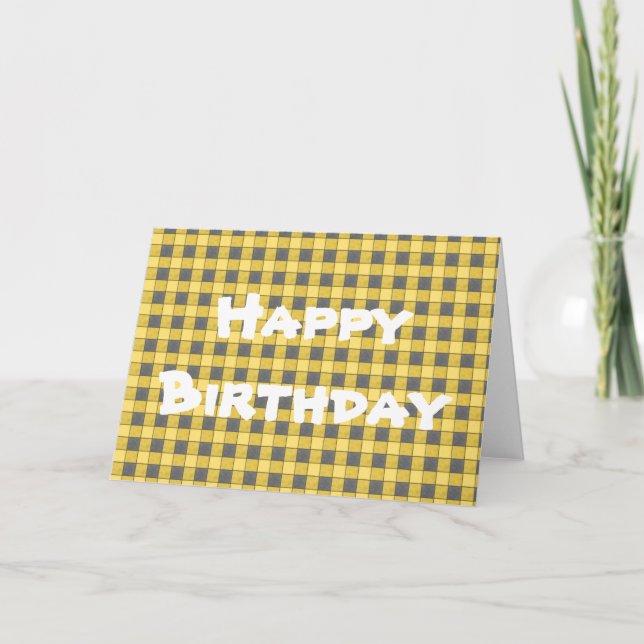 Cartão Yellow Black Plaid Check Happy Birthday Card (Frente)