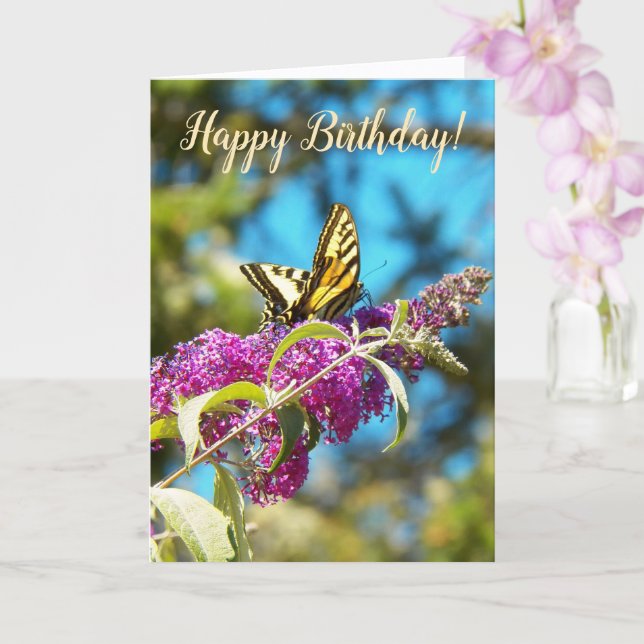 Cartão Yellow Butterfly on Pink Flowers Birthday (Orquídea)