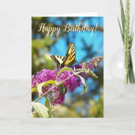Cartão Yellow Butterfly on Pink Flowers Birthday