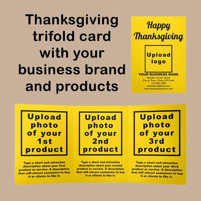 Cartão Yellow de Ação de Graças de Negócios (Thanksgiving yellow trifold card with your business brand and products or services.)