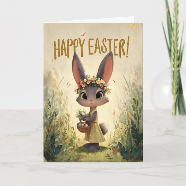 Cartão Yellow Dress Flower-Crown Bunny Easter Card (Frente)