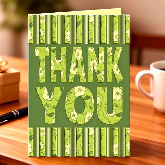 Cartão Yellow Flowers With Olive Green Stripes Thank You (Bold text filled with lime green flowers, vines and leaves, topped by stripped borders top & bottom.)