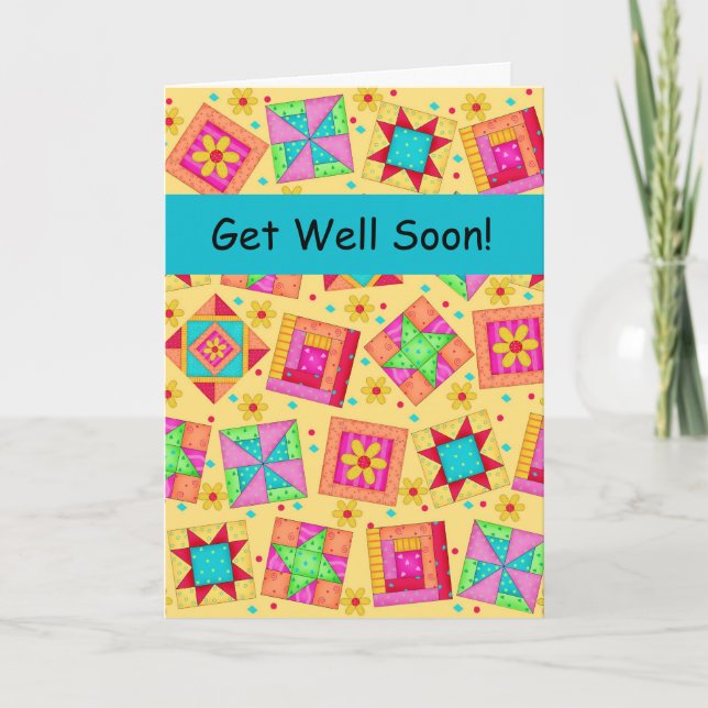 Cartão Yellow Patchwork Quilt Block Art Get Well Soon (Frente)