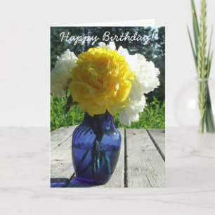 Cartão Yellow Peonies in Blue Vase Happy Birthday Card