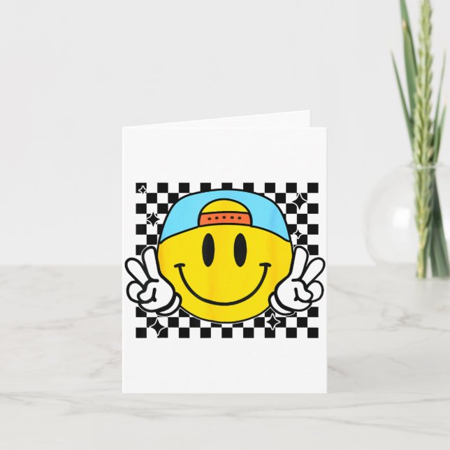 Cartão Yellow Smile Face Cute Checkered Peace Smiling Hap (Frente)