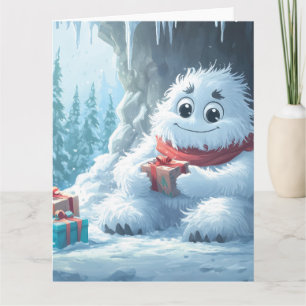 Cartão Yeti Adorável com Presentes de Natal em uma Cavern