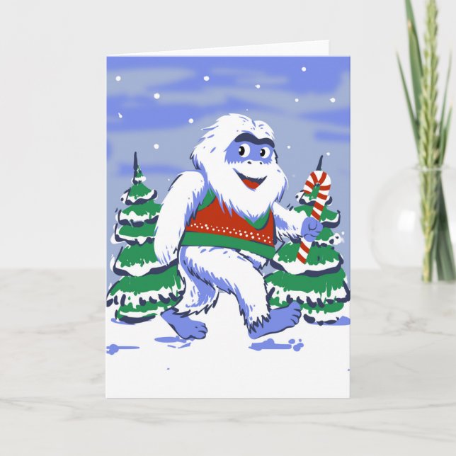 Cartão Yeti fofo natal na floresta (Frente)