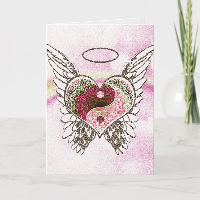 Cartão Yin Yang Heart Angel Wings Watercolor (Frente)