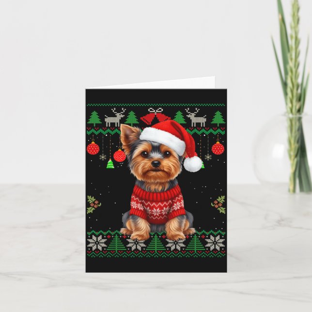 Cartão Yorkie Dog Christmas Wearing Ugly Christmas Sweate (Frente)