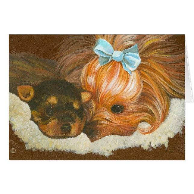 Cartão Yorkie Mama com Puppy (Frente Horizontal)