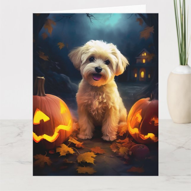 Cartão Yorkipoo do Halloween Com Pumpkins Assustado (Frente)