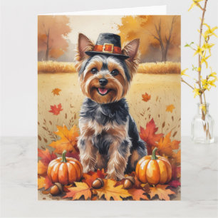 Cartão Yorkshire Terrier Autumn deixa a arte de ação de g