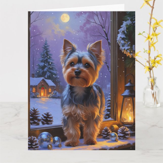 Cartão Yorkshire Terrier com férias de Natal (Flor Amarela)