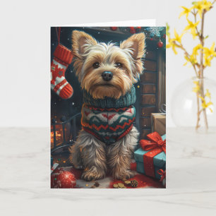Cartão Yorkshire Terrier Com Presentes de Natal na Lareir